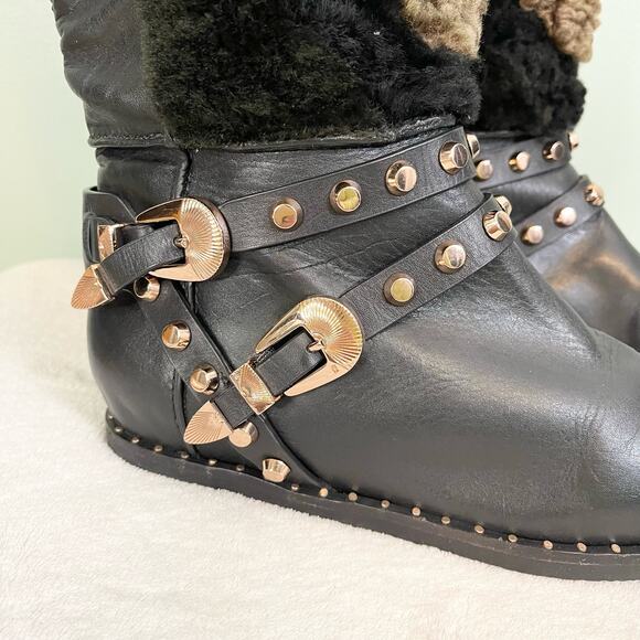 Ivy Kirzhner New York Black Leather Sheep Fur Buckle Studded Booties Size 6B - Picture 9 of 12